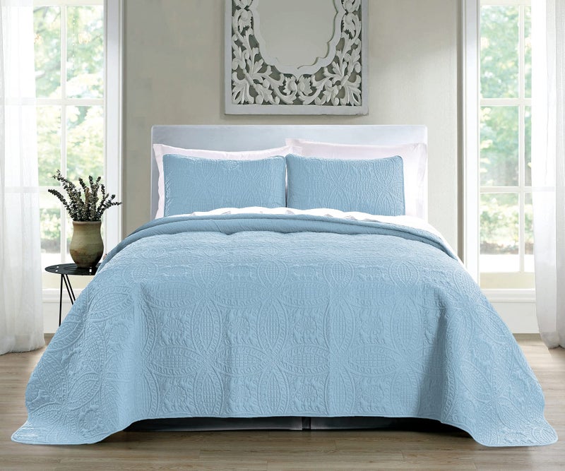 Pure Bedding Quilt Set King/California King Size Sky Blue - Oversized Bedspread - Soft Microfiber Lightweight Coverlet for All Season - 3 Piece Includes 1 Quilt and 2 Shams, Geometric Pattern - Image 2